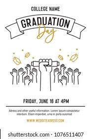 Graduation Ceremony Party Invitation Card With Hands Raised Throwing Academic Hats Up And Showing Diplomas. Vector Template Design With Line Icons For Highschool, College Or University Student Event