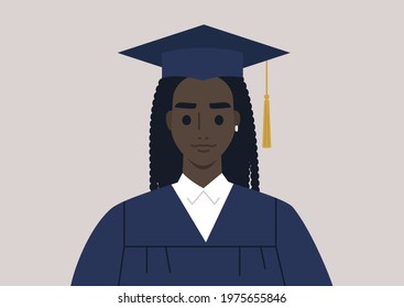 A graduation ceremony, a portrait of a female Black student wearing a gown and a cap