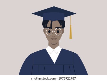 A graduation ceremony, a portrait of a male Black student wearing a gown and a cap