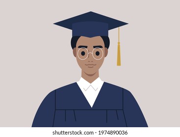 A graduation ceremony, a portrait of a male student wearing a gown and a cap