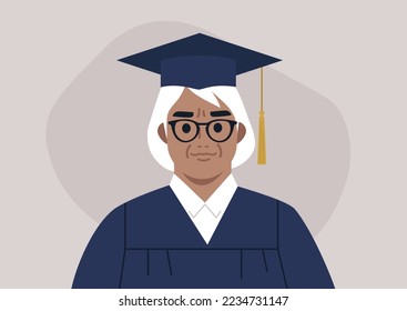 A graduation ceremony, a portrait of a senior female Caucasian student wearing a gown and a cap