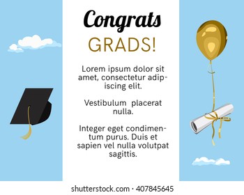 Graduation ceremony poster or party invitation. Greeting card design. Congrats grads. Graduation diploma, cap and balloon. Vector. Gold, black and blue.