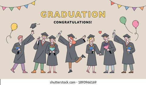 Graduation Ceremony Poster. Students In Graduation Gowns Stand In A Row And Enjoy.