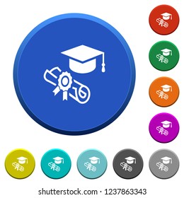 Graduation ceremony round color beveled buttons with smooth surfaces and flat white icons