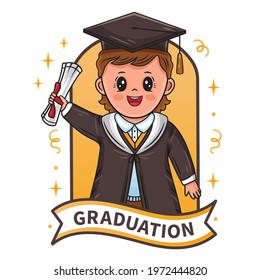 Graduation ceremony sign. Happy graduating boy successful finish study at university. Little student child in academic robe and mortarboard with diploma education certificate. End school year. Vector