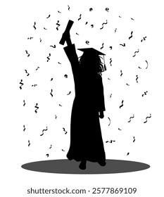 Graduation ceremony, silhouette of  graduate student with diploma on background of confetti. Vector illustration