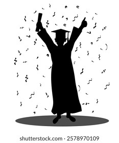 Graduation ceremony, silhouette of  graduate student with diploma on background of confetti. Vector illustration