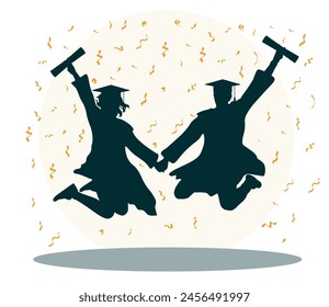 Graduation ceremony, silhouette of  jumping graduate students with diploma on background of confetti. Vector illustration