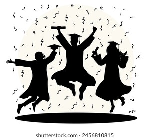 Graduation ceremony, silhouette of  jumping graduate students with diploma on background of confetti. Vector illustration