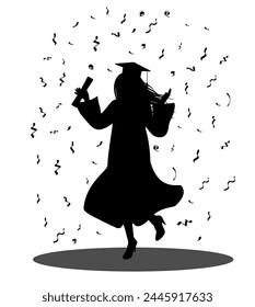 Graduation ceremony, silhouette of  jumpung graduate student with diploma on background of confetti. Vector illustration