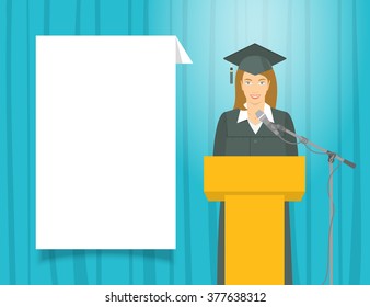 Graduation ceremony speech flat vector illustration. Young smiling  girl graduate in a gown and a mortarboard stands at a podium. Academic education concept with text box