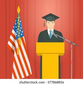 Graduation ceremony speech flat vector illustration. Young smiling man graduate in gown and mortarboard stands at podium near the American flag. Academic education concept