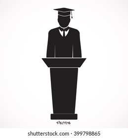 Graduation ceremony speech flat vector illustration. Young smiling man graduate in a gown and a mortarboard stands at a podium and gives a graduation speech. 