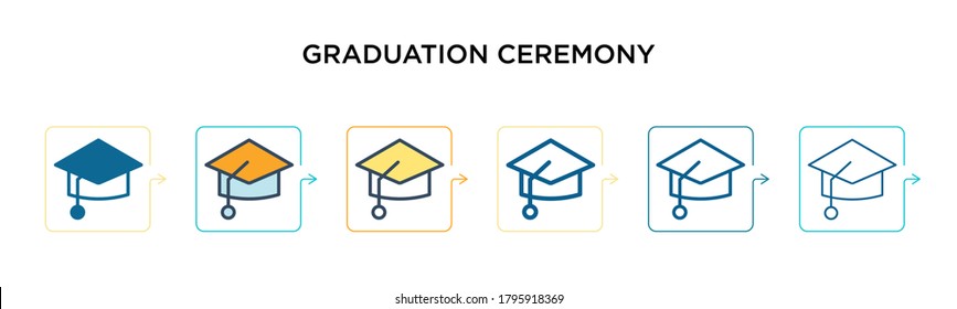 Graduation ceremony vector icon in 6 different modern styles. Black, two colored graduation ceremony icons designed in filled, outline, line and stroke style. Vector illustration can be used for web,