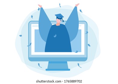 Graduation ceremony via video call, Vector illustration for web banner, infographics, mobile. social distancing, online education, 