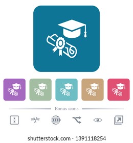Graduation ceremony white flat icons on color rounded square backgrounds. 6 bonus icons included