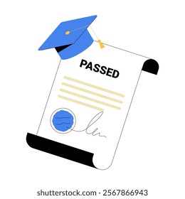 Graduation Certificate With Cap In Flat Vector Illustration Symbolizing Success, Education, And Achievement, Isolated On White Background.