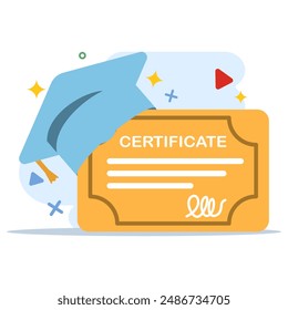 graduation certificate concept. University graduation, college for students, graduation certificate with trophy icon with stamp and ribbon bow. Educational diplomas for student learning success.