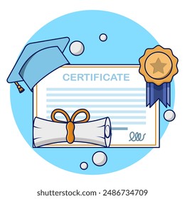 graduation certificate concept. University graduation, college for students, graduation certificate with trophy icon with stamp and ribbon bow. Educational diplomas for student learning success.