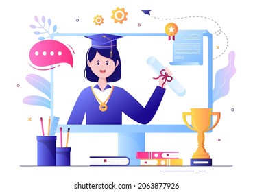 Graduation Certificate Document Icon with License Badge, Diploma. Hat and Medal. Online Education for Website or Poster Background Vector Illustration