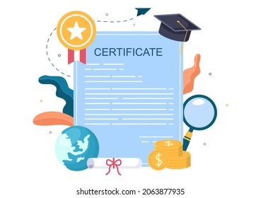 Icono de documento de certificado de graduación con licencia, diploma. Sombrero y medalla. Ilustración de vectores de fondo de afiches o sitios web de educación en línea