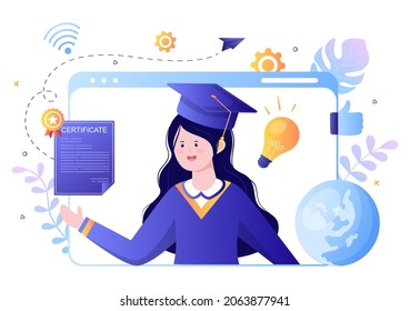Graduation Certificate Document Icon with License Badge, Diploma. Hat and Medal. Online Education for Website or Poster Background Vector Illustration