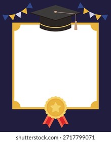 Quadro de certificado de graduação em um fundo azul-marinho com um mortarboard, medalha de ouro e bunting festivo. Possui um centro branco para fotos ou texto. Ideal para cartazes de cerimônia de formatura da escola.