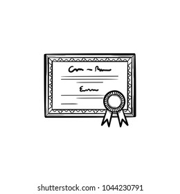 Graduation Certificate Hand Drawn Outline Doodle Icon. Diploma With Award Rosette Vector Sketch Illustration For Print, Web, Mobile And Infographics Isolated On White Background.