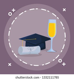 graduation certificate and hat with champagne cup