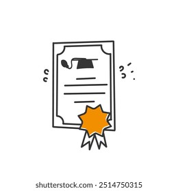 graduation certificate and graduation hat illustration in doodle cartoon style