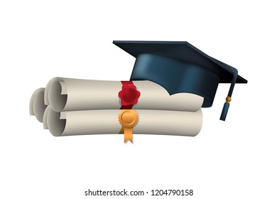 graduation certificate with hat isolated icon