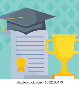 graduation certificate and hat with trophy cup