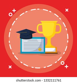 graduation certificate and hat with trophy cup