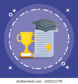 graduation certificate and hat with trophy cup