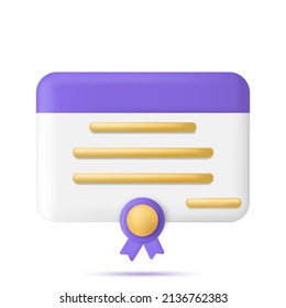 Graduation certificate icon. Achievement, award, grant, diploma concepts. 3d rendering