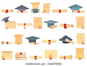 Graduation Certificate Icons Set Cartoon Vector. Achievement Award. Kid Diploma