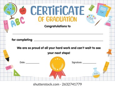 Graduation Certificate for kids, Certificate of appreciation for children. Graduating elementary school, kindergarten, course, program. Kids diploma template, for school preschool kindergarten.