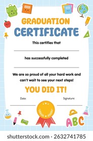 Graduation Certificate for kids, Certificate of appreciation for children. Graduating elementary school, kindergarten, course, program. Kids diploma template, for school preschool kindergarten.