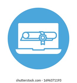 graduation certificate in laptop block style icon vector illustration design