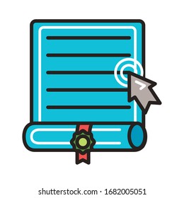 graduation certificate and mouse arrow education online line and fill style vector illustration design