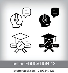 Graduation certificate and online dialogue question design. Simple linear and flat online education icon set.