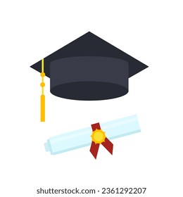 Graduation certificate, successful knowledge, cap and graduation certificate on white background