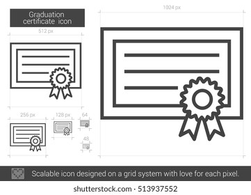 Graduation certificate vector line icon isolated on white background. Graduation certificate line icon for infographic, website or app. Scalable icon designed on a grid system.