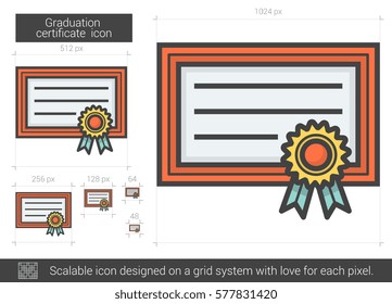 Vektorsymbol der Graduationsbescheinigung, einzeln auf weißem Hintergrund. Graduationszertifikat-Symbol für Infografik, Website oder App. Skalierbares Symbol, das auf einem Gittersystem entworfen wurde.