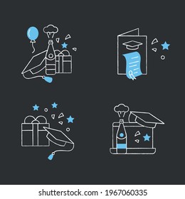 Graduation chalk icons set. Graduation party, gift, online party, card. Studying concept.Isolated vector illustrations on chalkboard
