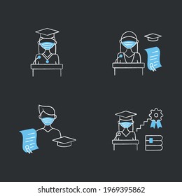 Graduation chalk icons set. Professional development. Academic career, undergraduate student, graduation speech, ceremony. Studying concept. Isolated vector illustrations on chalkboard