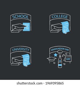 Graduation chalk icons set. School, college, university graduation. Studying concept. Isolated vector illustration on chalkboard