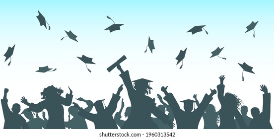 Graduation. Cheerful graduate students throwing academic caps, silhouette. Crowd of people. Vector illustration.