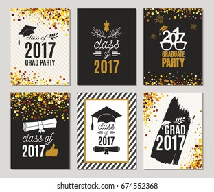 Graduation Class of 2017 greeting cards set. Vector party invitations. Grad posters. Isolated