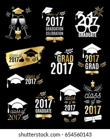 Graduation class of 2017 labels golden design set. Concept for shirt, print, seal, overlay, stamp, greeting card, invitation. Vector sign or logo. Isolated